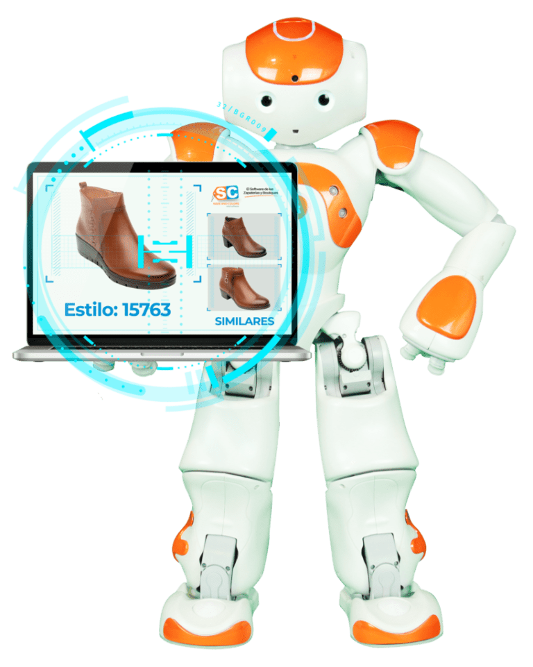 robot con computadora y calzado clasificando zapato